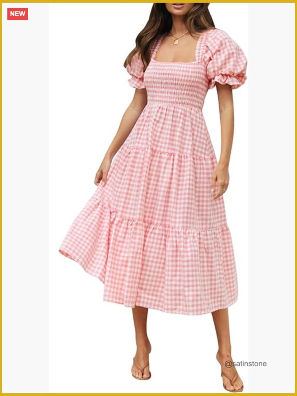 Bohemian Summer Plaid Square Neck Puff Sleeve Ruffle Midi Dress